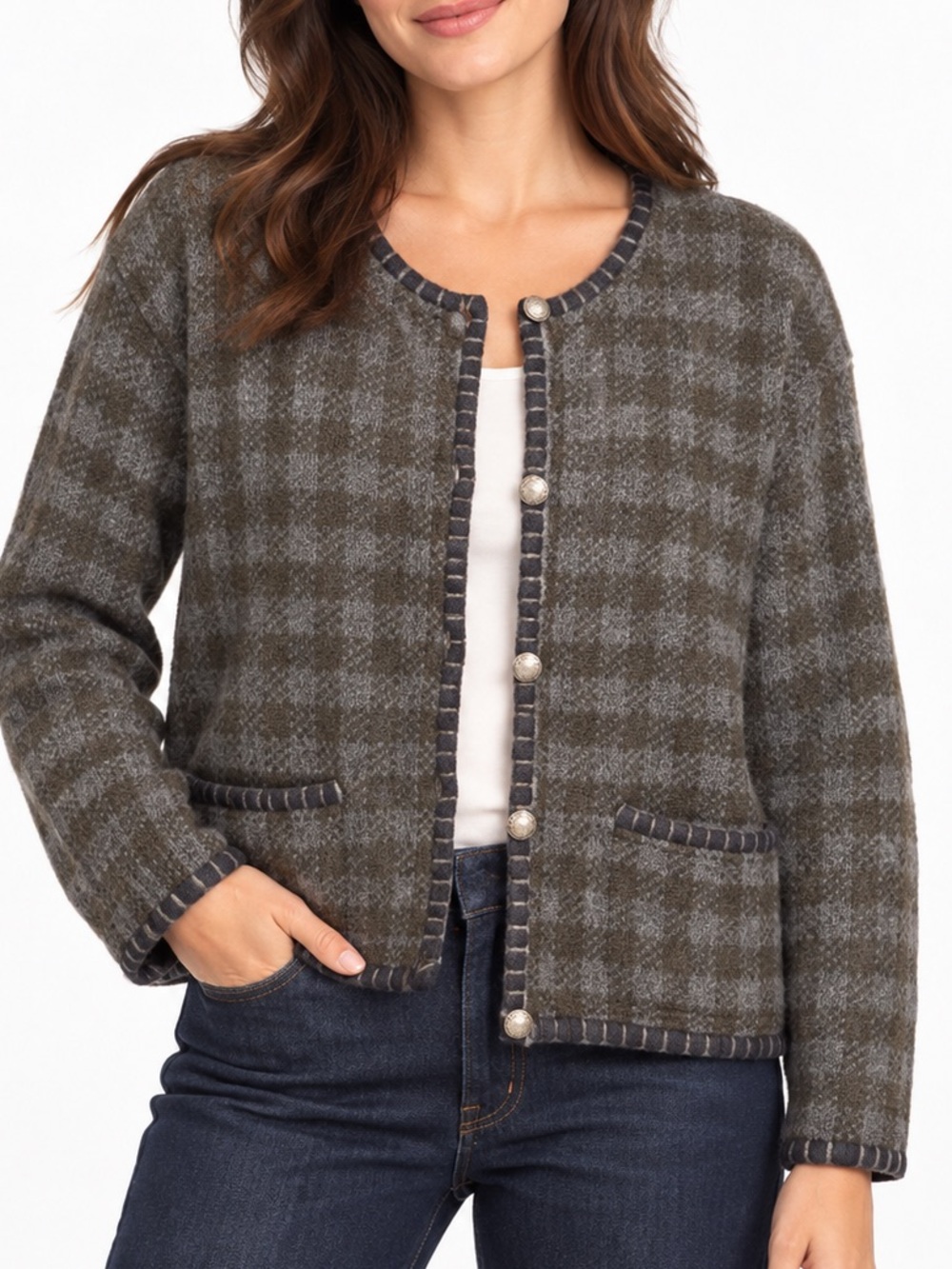 Vtg EMS 100% Wool Plaid Cardigan Sweater Jacket M Gorpcore Premium